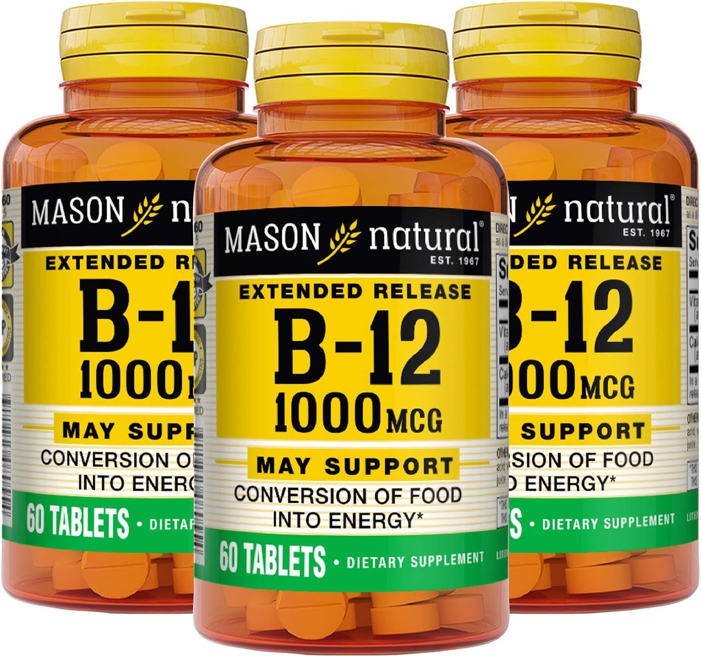 MASON NATURAL B-12 1000Mcg Cyanocobalamin Razširjene sprostitve tablete, 60-Count steklenice (paket 3)