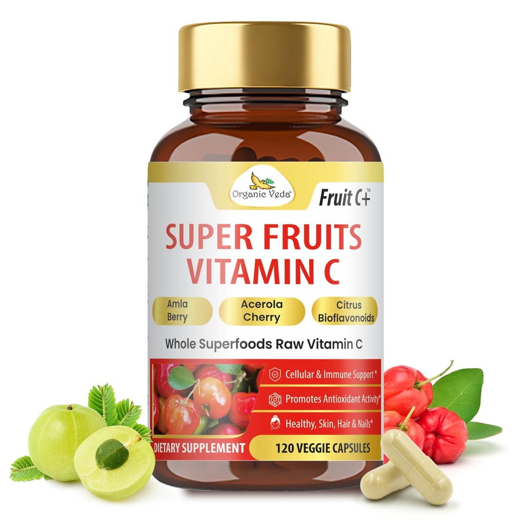 Organski Supersade Veda Vitamin C Kapsula z Acerola Cherry & Amla Berry - Cela hrana Natural Vitamin C dodatek s Citrus Bioflavonoidi za Immunity, Celcular & Skin zdravje - 120 Veganske tablete