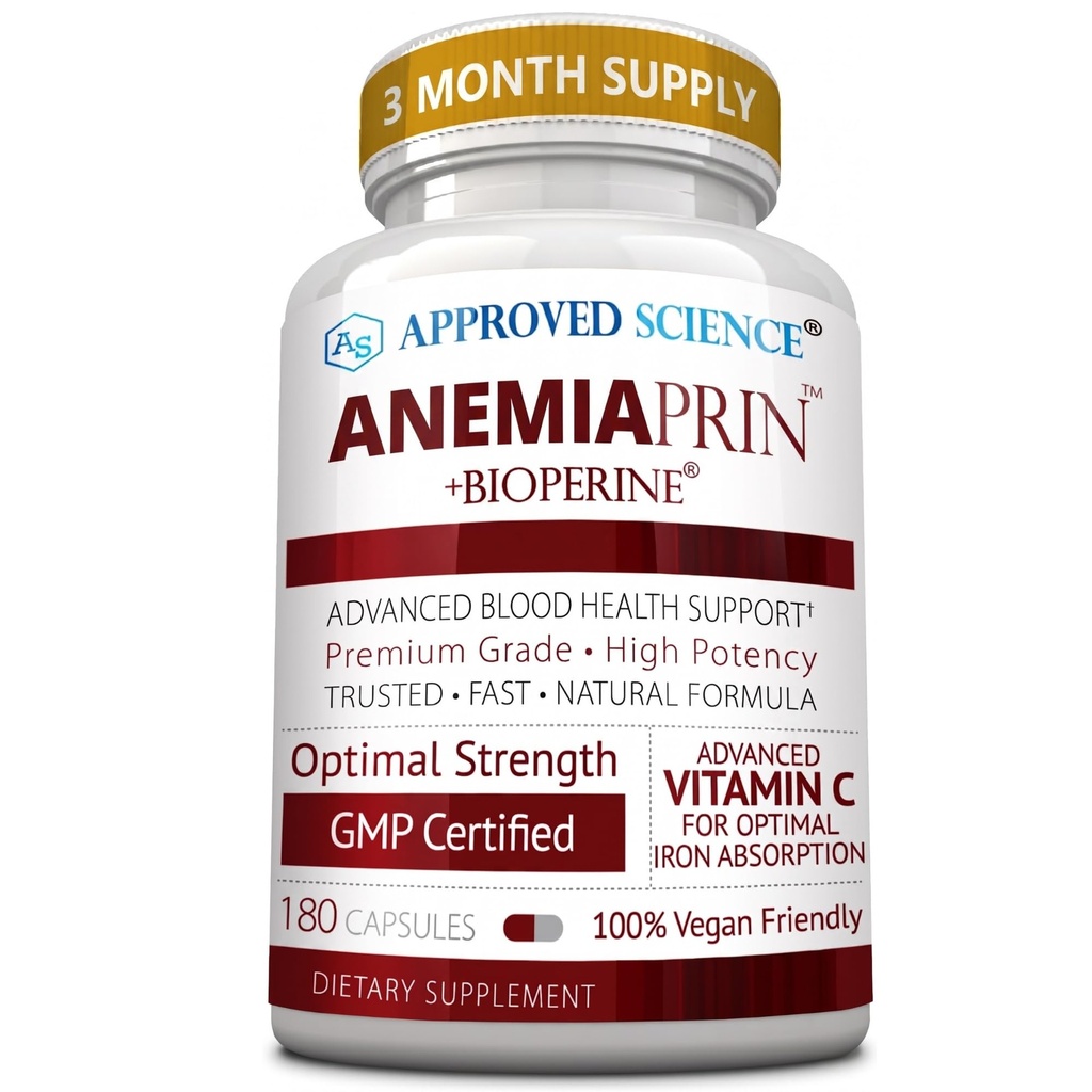 Odobreno znanstveno Anemijaprin - Absorbirano železo, vitamin C - Nežen na želodcu - 180 Kapsule - 3-mesečna zaloga - Ne-GMO, Vegan