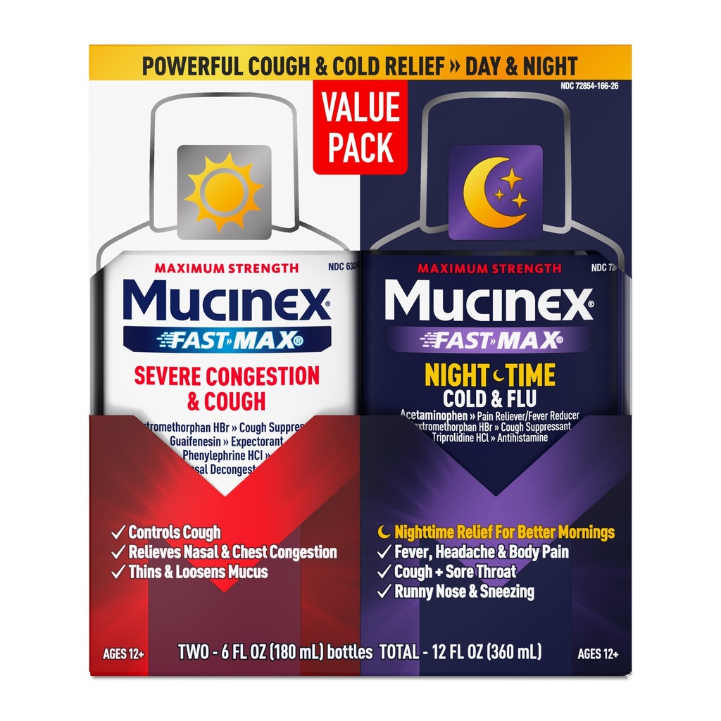 Mucinex Fast-Max & NightShift Combo Pack - Max Jakost Kašelj in hladna zdravila za lajšanje sluzi, zastoje v prsnem košu, nazalne prebavne motnje, prebavne motnje sinusa, pritisk sinusa, olajšanje kašelj Symptom (2x 6 FL OZ)