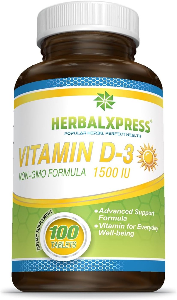 Herbalxpress Vitamin D (kot holekalciferol) 1.500 i.e. (100 tablet) je popoln dodatek k zdravemu življenjskemu slogu, kosti, zob, mišic, imunske funkcije in dobrobiti, ne-GMO in gluten-free.