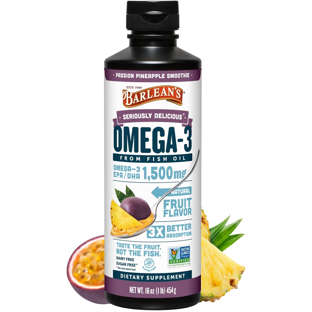 Barleanova Omega 3 ribje olje tekoči dodatek za moške in ženske, pasijon Ananas, 1500mg EPA in DHA maščobne kisline, 16 oz