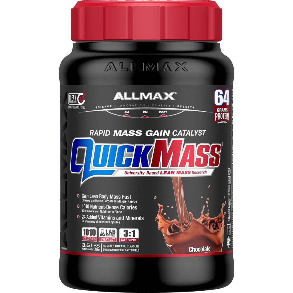 ALLMAX QUICKMASS, čokolada - 3,5 lb - Hiter masni dobiček Katalizator - do 64 gramov beljakovin na serviranje - 3:1 Carb to Protein Ratio - Zero Trans Fat - Do 24 Servisi