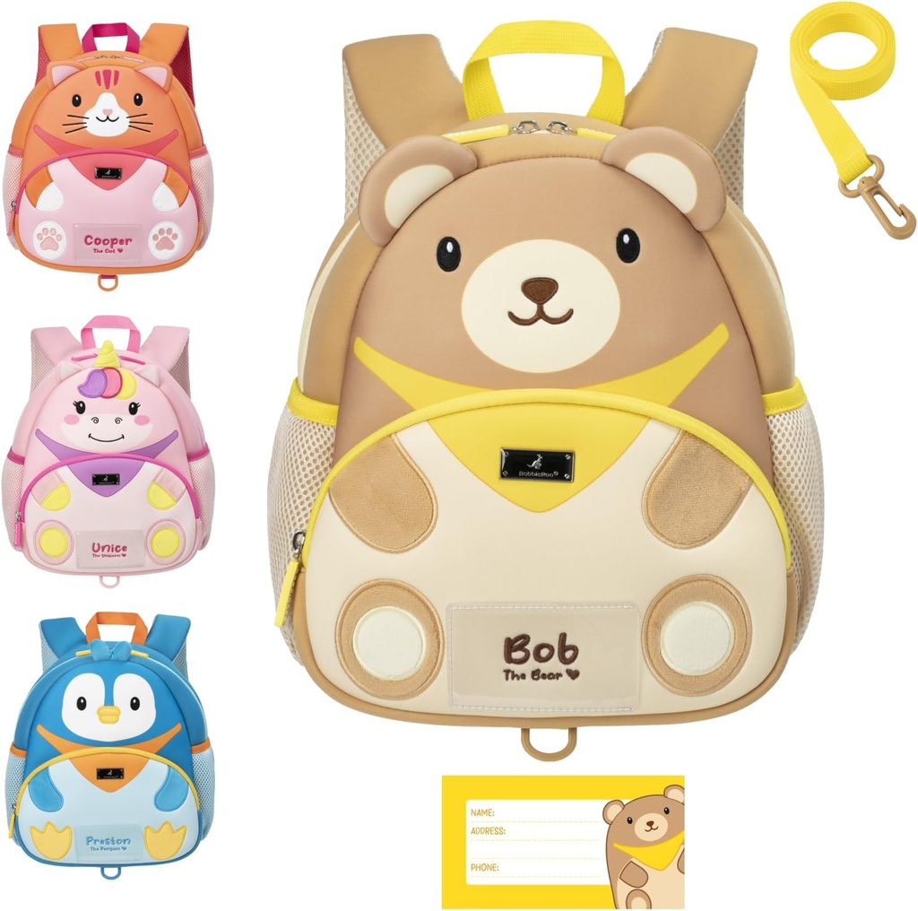 BabbleRoo Toddler Backpack, Kids Backpack - lahka in udobna, vodoodporna Neoprene, Leash za Toddlers 1-3, Reflektivni stripi za vidljivost, Živalski backpack, Bob Medved