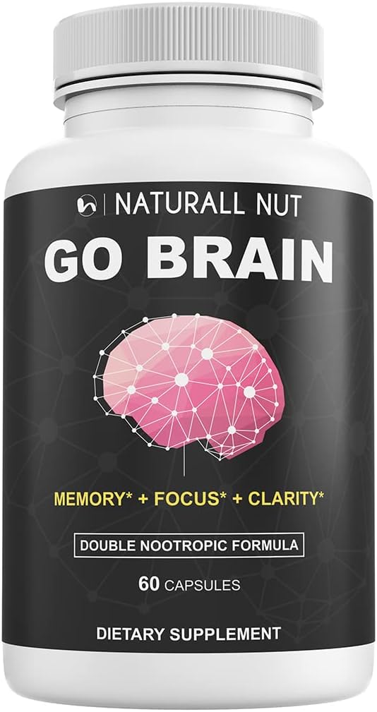 Go Brain Double Nootropic Formula, Možganski dodatki za spomin in fokus vitamini, Ginkgo Biloba, Dmae dodatek, Bacopa Monnieri dodatek, Spominski vitamini Možgani za ženske in moške