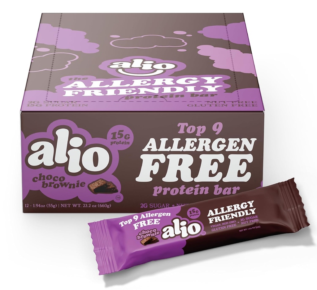 Alio Protein Bars - Choco Brownie (12 barov) – brez najboljših 9 živilskih alergenov, visokih beljakovin, nizkokaloričnih, veganskih, gluten-free, nut-free, non-GMO, rastlinsko-bazen, olje brez semen, okusno in zdravo prigrizek