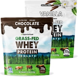 Opportuniteas Grass Fed Vanilla Choco Whey Protein Isolate Powder - 20g Protein Powder brez umetnih sladil, Hormone-free Krave, Non GSO - 5lb