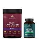 Ancient Nutrition Multi Collagen Advanced Powder Cleanse & Detox, Unflavored, 36 Serving + Organic Super Greens Tablet 90 Count