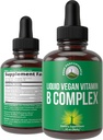 B Kompleksne tekoče kapljice Veganski dodatek. Najboljši 5 B Vitamini z B3 Niacin, B6, B7 Biotin, B9 Folat, Metilkobalamin B12. B-kompleks za lase, kože nohte, energijo. Za odrasle, moške, ženske