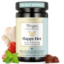 Winged Wellness Happy her Mood Gummies - Dnevni Mood izboljšanje podpore dodatek za ženske - Saffron, Lemon Balm, Vitamin D & Lions Mane Gobe za ravnotežje in pomiritev - 50 Vegan Gummies