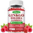 Ginkgo Biloba Gummies z Panax Ginseng in magnezij, Ginkgo Biloba dopolnila za fokus, Spomin, in zdravje možganov za odrasle in otroke, Vegan Raspberry Flavor Gummies, 60 Count