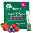 Zena Nutrition Organic Super Greens Powder, 70+ Superfoods, 0 Sladkor, 5G Fiber, Spirulina, Klorella, Antioksidanti, Prebiotiki/Probiotiki, Prebavni encimi, Mešano jagode, 45 Drink Mix Packets