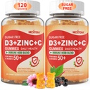 Brez sladkorja Vitamin C + D3 + Cink Gumiji za odrasle 50 +, 9 v 1 Imunska obramba dodatek z D3 5000IU, Elderberry, Echinacea, Mullein List za povečanje imunitete, moč antioksidant, Vegan (Pack z 2)