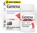 Genexa Otroci’ Čista bolečina & Fever Acetamol Žvečilni materiali, brez barve, 0% Umetni dodatki, Okusni grozdni okus, Žvečljivo zdravilo za otroke 2-11, 80 mg na tableto, 48ct (2 paket)