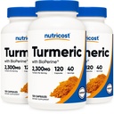Nutricost Kurkumin tablete (3 pakiranja) z BioPerinom in 95% kurkuminoidi, 2300 mg, 120 kapsul, Veggie kapsule, 767 mg na kapico, 40 servivov, brez glutena, brez GMO