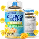 Vegan Omega-3 Gumies 1000mg + Kurkuma - Omega 3 ribje olje alternativa za odrasle - Algae DHA 600mg & EPA 300mg, vitamini A, C, E, cink & MSM, sladkor brez, 60 Cts