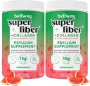 Bellway Super Fiber Powder + Collagen (2 paketa), Psylium Husk brez sladkorja Powder s kolagen peptidi in hialuronsko kislino za zdravje črevesja, zdravo kožo, nohte, kosti in sklepe, lubenica (21,2 oz)