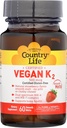 Country Life Vegan Vitamin K2, 500 μg, Dual Spectrum MK-4 in MK-7 Complex, podpira zdravje kosti in zob, 60 Žvečljive tablete, jagodni okus