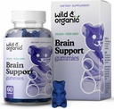 Wild & Organic Brain Support Gumies - Focus Supplement w/Ashwagandha Root, Vitamin B12, Ginkgo Biloba, Bacopa - Veganski žveči za čistost in produktivnost - 60 Brain Gumies