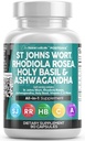 Čista nutracevtika St Johns Wort Rhodiola Rosea Sveti Basil Ashwagandha - Mood podpora za ženske in moške z vitaminom C in izvleček črnega popra - 90 kap