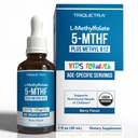 Organic Kids Metilfolat + metil B12 Cofactor - Organic Berry Flavor, Podjezična oblika - 5-MTHF Form, Superior Form of Folat - Nastavljivo odmerjanje za vse starosti - Mood, Behavior, Kognition - 1 oz.