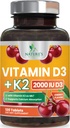 Vitamin D3 K2 2000 i.e. Plus s K2 (MK-7) 75 μg - Vitamini D & K kompleks dopolnilo za kosti, zobe, mišice, kalcijevo absorpcijo, podpira zdravje imunskega sistema in srca, ne- GMO žvečljiva formula - 120 tablet