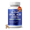 Alfa Lipoična kislina Visoka moč z vitaminom B1, Vitamin B12, Benfotiamin, Ubikinol, Črna paprika - Podpora celično zdravje - 150 Count - Made & Tested v ZDA