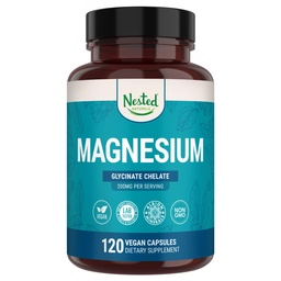 Nested Naturals Magnezij Glicinat Chelat - 200mg kelirani magnezij dodatek za mišične krče, sprostitev, & podpora za spanje - 100% Albion TRACCS puferirani magnezijev glicinat - 120 Veganske kapsule