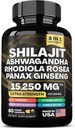 shilajit 9000 mg, Ashwagandha 2000 mg, Rhodiola Rosea 1000 mg, Panax Ginseng 1500 mg, kordyceps gobe 500 mg, Ginkgo Biloba 500 MG, Sting Nettle 250 mg, Tumeric 500 mg.