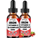 2 Pack Tekoči železovi dodatki w/ Vitamin C, A, B- Complex, Veganske železove kapljice Visoka moč Tekoči vitamin in železovi dodatki za ženske, moške in otroke -Podpora rdeče krvne celice, energija, anemija in utrujenost