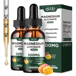 Magnezij Glycinate tekoče kapljice dodatek, z Magnezij Glycinate 500mg Ashwagandha, L - Theanine, Kamilica -Podpora Stres Relief, kosti, mišice, Mood Mango aroma 2Pack