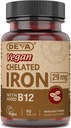 Deva Nutrition Vegan kelirano železo 29 mg utrjeno z B-12 - visoko jakostjo, enostavno požiranje - 90 tablet, 1- paket