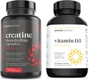Smarter Nutrition Rastlinski vitamin D3 z veganskim kompleksom K2 v vegetarijanskih softgel & kreatinskih tabletah s 2500 mg (2,5g) kreatin monohidrata na postrežbo, veganske kreatinske kapsule [1-mesečna zaloga]