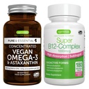 Vegan Omega-3 + Super B12- Complex 1000mcg Vegan Bundle, Sustainable EPA & DHA Algae Oil 1340mg + Visoka absorpcija Podjezični vitamin B12 Z metilkobalaminom, Adenosilkobalaminom in hidroksokobalaminom I