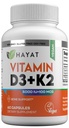 HAYAT Vitamini Vegan Vitamin D3+K2 (5000 i.e. + 100 MCG), prehranska dopolnila za podporo kosti, zob, mišic in imunskega zdravja, 2 meseca dobave, Certified Halal, 60 kapsul, Izdelano v ZDA