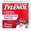 Tylenol Extra Jakost Raztopimo praška pakiranja, 500 mg Acetamofen Pain Reliever & Fever Reducer Medicine, Hitra pomoč za manjše bolečine in bolečine, Ibuprofen- & Aspirin-free, On-the-Go Berry Flavor, 32 Ct