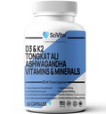 Ashwagandha 10000mg Tongkat Ali 40000mg dodatek z multivitaminom D3 K2 - moški zdravje in stres, razpoloženje, energija, podpora vzdržljivosti - Ashwagandha kapsule Tongkat Ali za moške ZDA - 60 Count