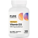 PureFormulas Vitamin D3 5.000 i.e. 125 μg - Pure Vitamin D dodatek za zdravo tvorbo kosti, zobje, kardiovaskularno zdravje in Imunska podpora Ne-GMO - 120 grof Vegetarijanske kapsule