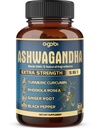 Izvlečna kapsula Ashwagandha - velika moč - 5 v1 Zmečkana ingver, kurkuma, Rhodiola Rosea & Black Pepper - 90 kapsul za 3 mesece - moč, duh in imunske podpore