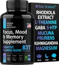Možganski dodatki za spomin in fokus - Ashwagandha, L Theanin, Rhodiola Extract, GABA, 5HTP - nootropična, Mood podpora & Cortisol dodatek - magnezijev oksid, Mucuna Pruriens - 60 kapsul