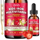 Liquid Iron dodatek za otroke, Otroci Multivitaminski z železovimi kapljicami z cinkom, Vitamin B kompleks, Folat - Podpora Blood Builder & Energy, Iron Pomanjkanje za ženske, Moški, Vegan Jagoda 2 Fl Oz