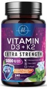 Vitamin D s K2 (MK-7) - Vitamin D3 5000IU (125mcg) na serviranje - D3K2 kompleksni dodatek za kosti, zobe, mišice, absorpcijo kalcija, imunosupresivno podporo in zdravje srca - ustekleničen v ZDA - 240 Softgels