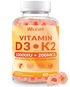 WEEVIT Vitamin D3 K2 Gumies, brez sladkorja Vitamin D3 K2 w/Calcium, Magnezij, Omega-3, Vitamin C,B12, K2 D3 Dopolnilo