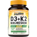 Vitamin Vitalibre D3 K2 + Magnezij dodatek, 10000 i.e. vitamin D3 & 100 μg K2, z magnezijevim glicinatom, kostmi, zobmi, imuno-energijsko podporo, visoko absorpcijo, ne-GMO, enostavno požiranje, 60 kapsul