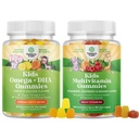 Sveženj otrok DHA Omega 3 Gumies - Maščobne kisline Omega 3 6 9 za možgane, Imunsko moč in vid in rastlin na osnovi otrok Multivitaminski Gumiji z vitamini A C D3 E B in cink za podporo imunitete