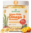 Otroci Omega 3 Gummies 2 Pack, Vegan Algae DHA 420mg s PS, Vitamin D3 K2, Brez sladkorja, Brez ribjega olja, Brain & Focus Podpora za otroke, 120 Gummies