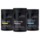 Sports Research® Healthy Hair Pack - Biotin 5000mcg z organskim kokosovim oljem + Vegan Vitamin D 5000iu & Mk7 Vitamin K 100mcg + Omega-3 ribje olje 1250