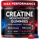 Kreatin Monohidrat Gumies Complex 5000 MG za moške in ženske, Preworkout Gummy z BCAA, L-karnitin, Tavrin in vitamin B12 za mišično rast, moč in energijo podporo, arome in žvečljive