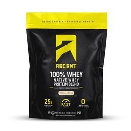 Ascent 100% Whey Protein Powder - Post Workout Whey Protein Isolate, Zero Artificial Flavors & Sweeteners, Gluten Free, 5.5g BCAA, 2.6g Leucine, Essential Amino Acids, Vanilla 1 lb