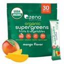 Zena Nutrition Organic Super Greens Powder, 70+ Superfoods, 0 Sladkor, 3G Fiber, Spirulina, Klorela, Gobe, Prebiotiki/Probiotiki, Prebavni encimi za Gut zdravje, Mango, 30 Drink Mix Packets